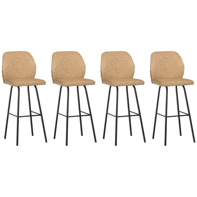 HOMCOM Bar Stools Set of 4, Linen-Touch Upholstered Bar Chairs, Kitchen Stools with Backs and Steel Legs for Dining Room, Light Brown