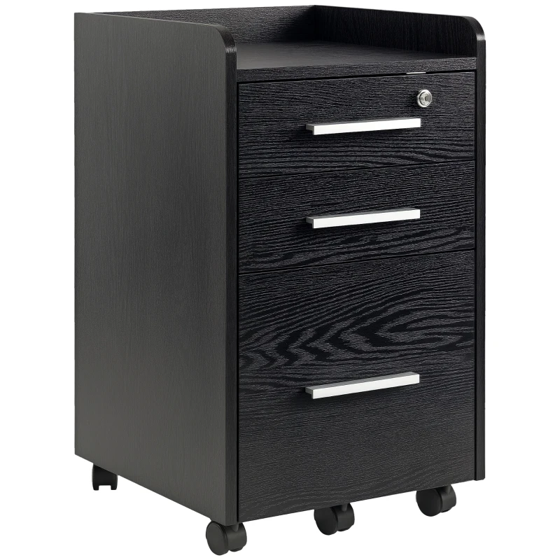 HOMCOM Caisson de bureau rangement bureau sur roulettes 3 tiroirs 1 verrouillable 1 trieur dossiers en bois noir