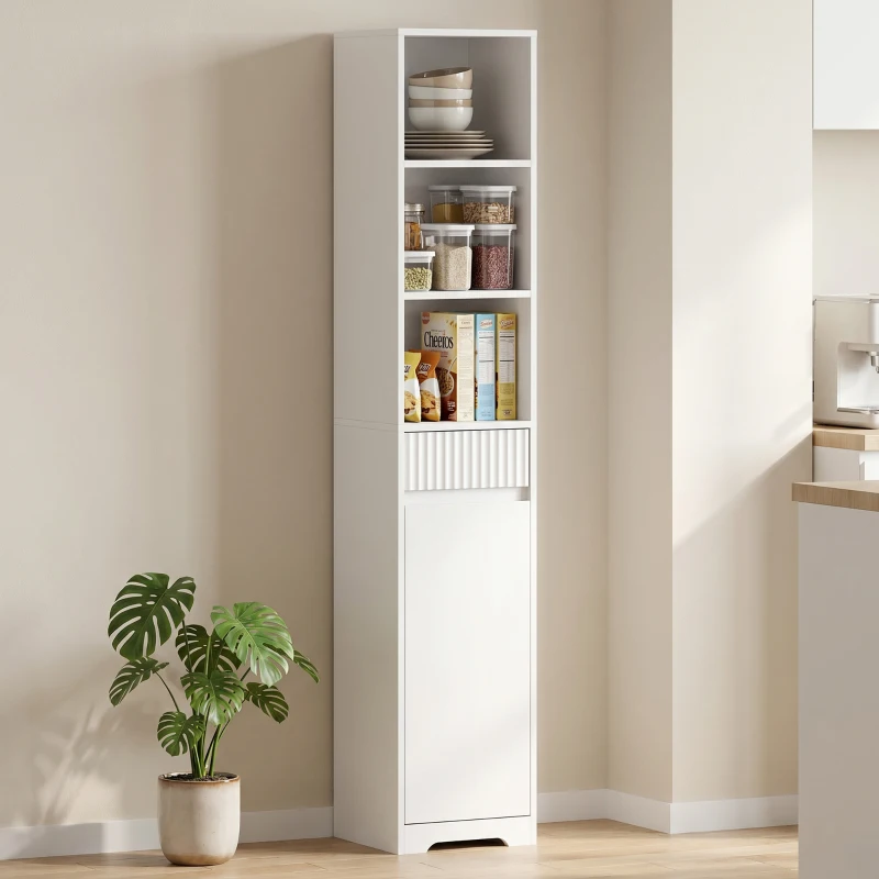 HOMCOM Armario de Baño Alto con Cajón Diseño Acanalado Estante Ajustable Estantes Abiertos para Espacios Pequeños Blanco