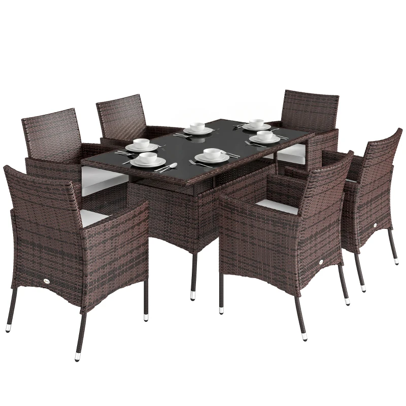 Outsunny 7 tlg. Polyrattan Gartenmöbel Rattan Gartenset Sitzgruppe Garnitur Essgruppe inkl. Kissen 6 Personen Braun+Creamweiß 150 x 80 x 74 cm