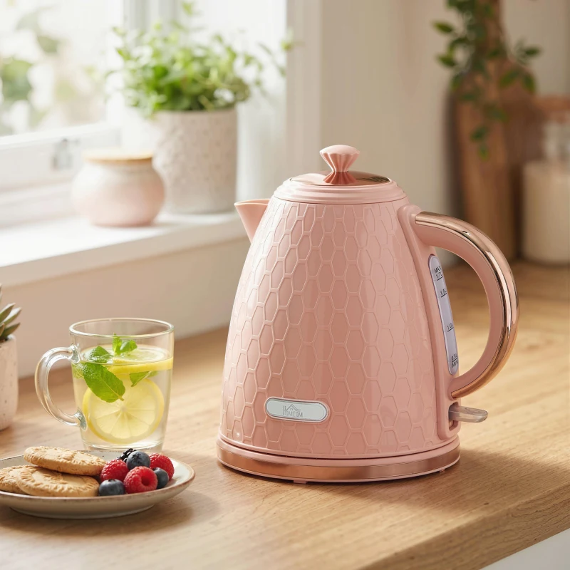 HOMCOM Wasserkocher, 2200W, Sichtfenster, Filter, Schnellkocher, Hellrosa