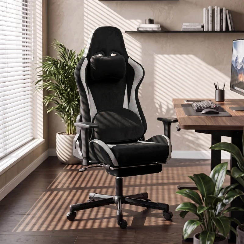 HOMCOM Gaming-Stuhl mit Massage- und beheiztem Lendenkissen, ergonomisch, Leinenoptik, 3D-Armlehnen, Kopfstütze, Schwarz