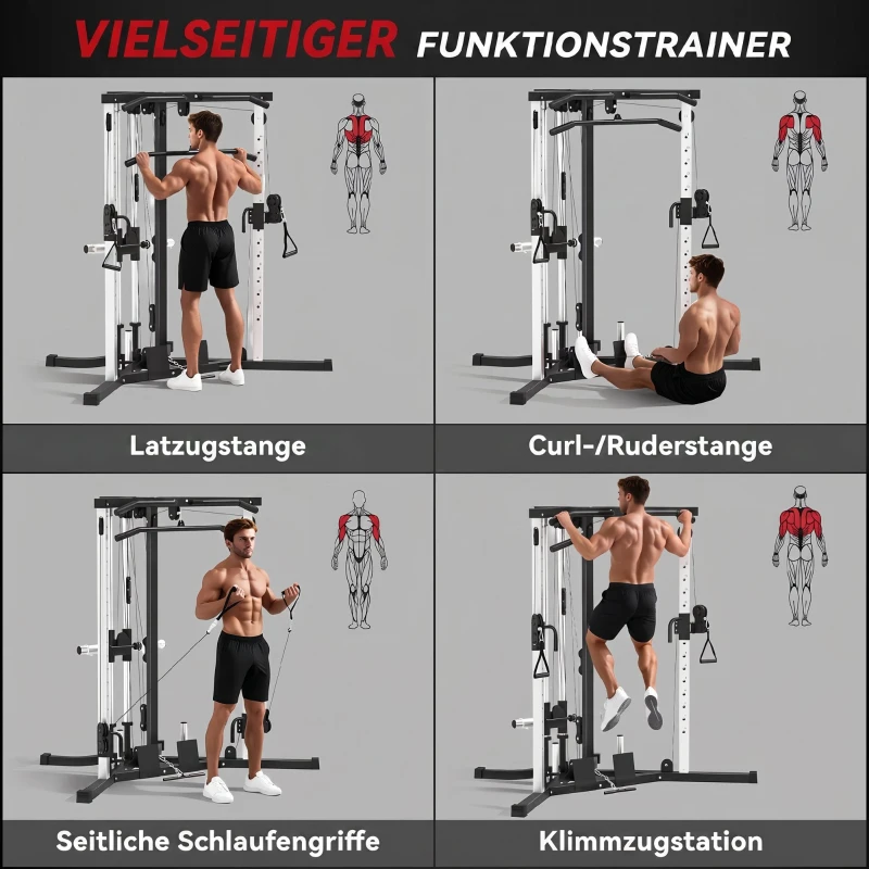SPORTNOW Kraftstation Fitnessstation mit Latzug, Klimmzugstange Curl-/Ruderstange Griffe, 15-fach verstellbar
