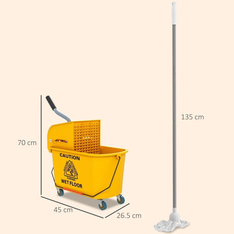 HOMCOM Mop Bucket with Wringer Set on Wheels for Floor Cleaning, 20 Litre Side Press Wringer with Handle and Mop, Yellow