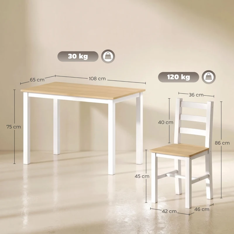 HOMCOM 5-teiliges Essgruppe für 4 Personen, Landhaus-Esstisch und Stühle aus Massivholz, Natur/Weiß