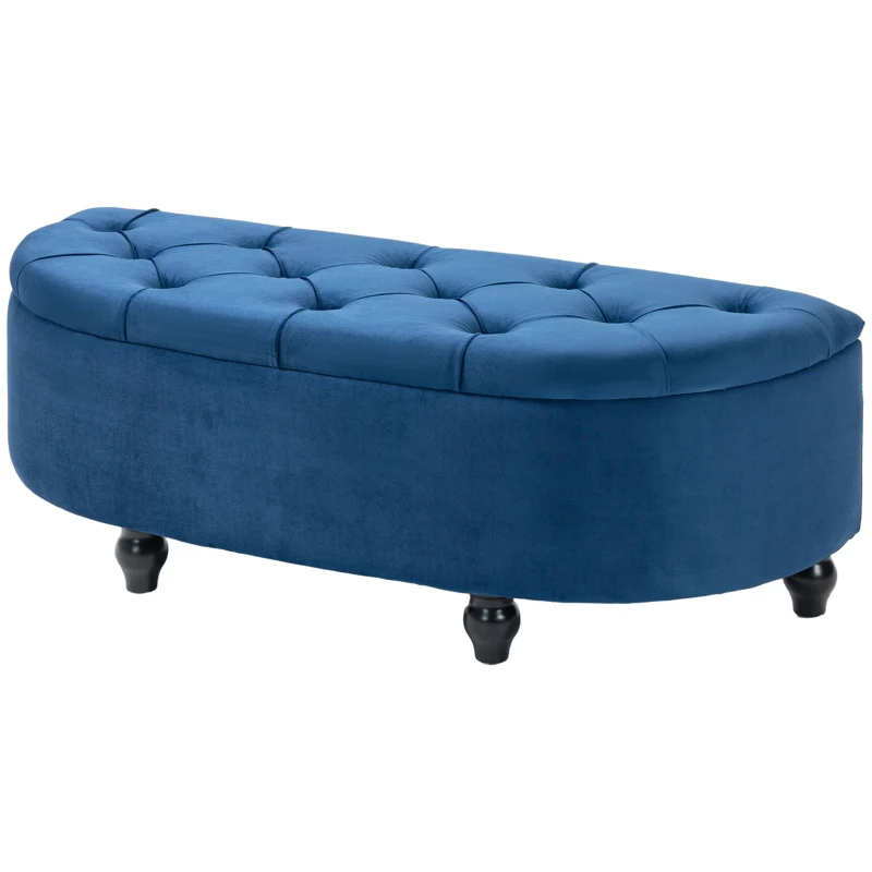 HOMCOM Pouf de Rangement Coffre 2 en 1 - Pouf capitonné Demi-Cercle - Pieds Bois hévéa Noir revêtement Velours Bleu