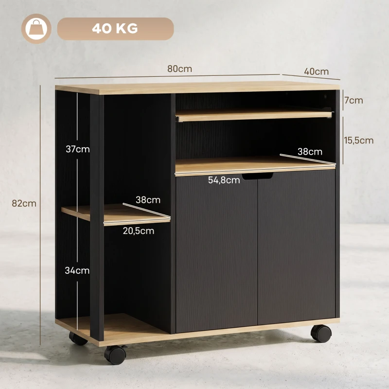 HOMCOM Rollender Küchenwagen mit Stauraum, Schrank, verstellbare Regale, für Küche, Wohnzimmer, Esszimmer, Schwarz