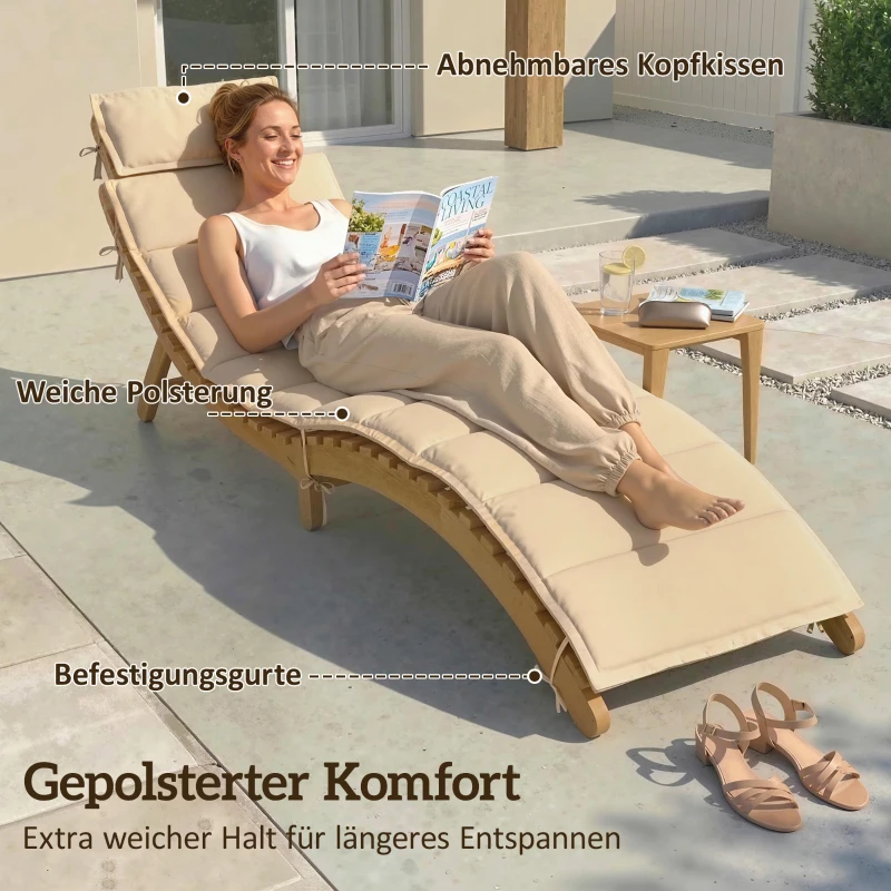 Outsunny Sonnenliege klappbare wetterfeste Gartenliege aus Holz mit Polsterung Kopfstütze Tragegriff 183 x 54 x 63 cm, Beige