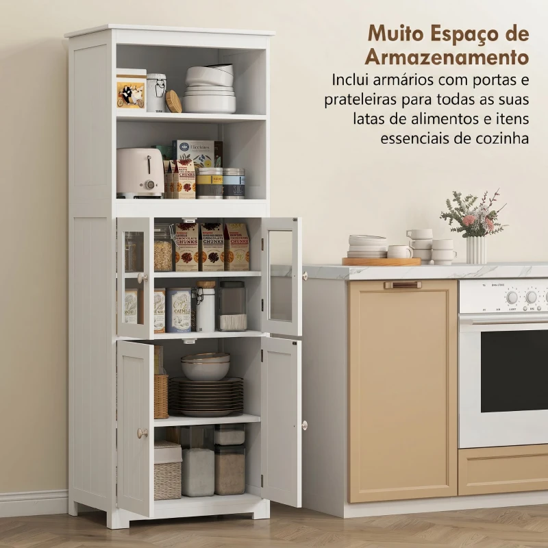 HOMCOM Armário de Cozinha com 2 Portas de Vidro Temperado 2 Prateleiras Abertas e Armário com Prateleira Ajustável 60x30x162 cm Branco