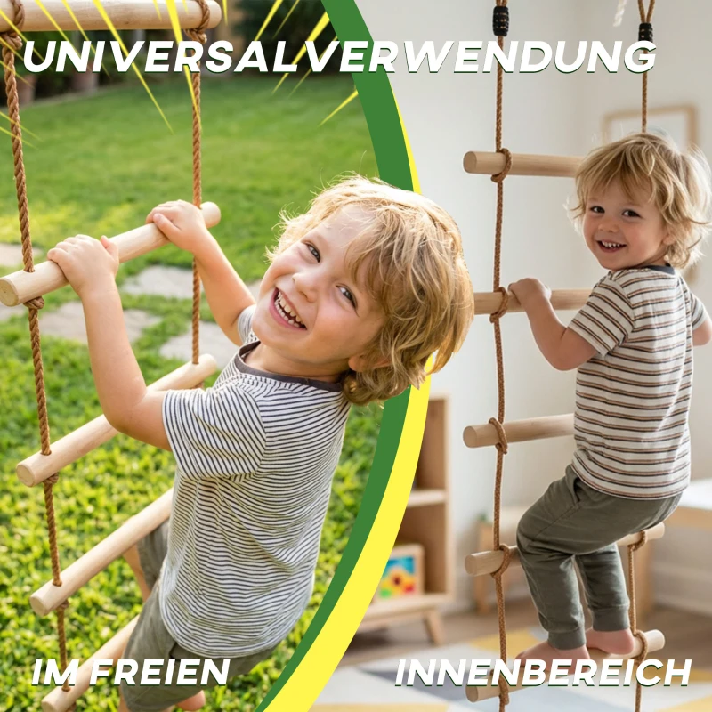AIYAPLAY Strickleiter für Kinder 5-stufige Kletterleiter mit 2 Karabinern 2 Baumgurten für 3-8 Jahre 40 x 3,5 x 180 cm Naturholz