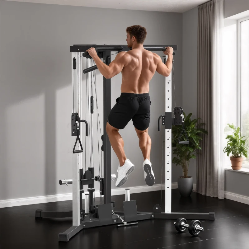 SPORTNOW Kraftstation Fitnessstation mit Latzug, Klimmzugstange Curl-/Ruderstange Griffe, 15-fach verstellbar