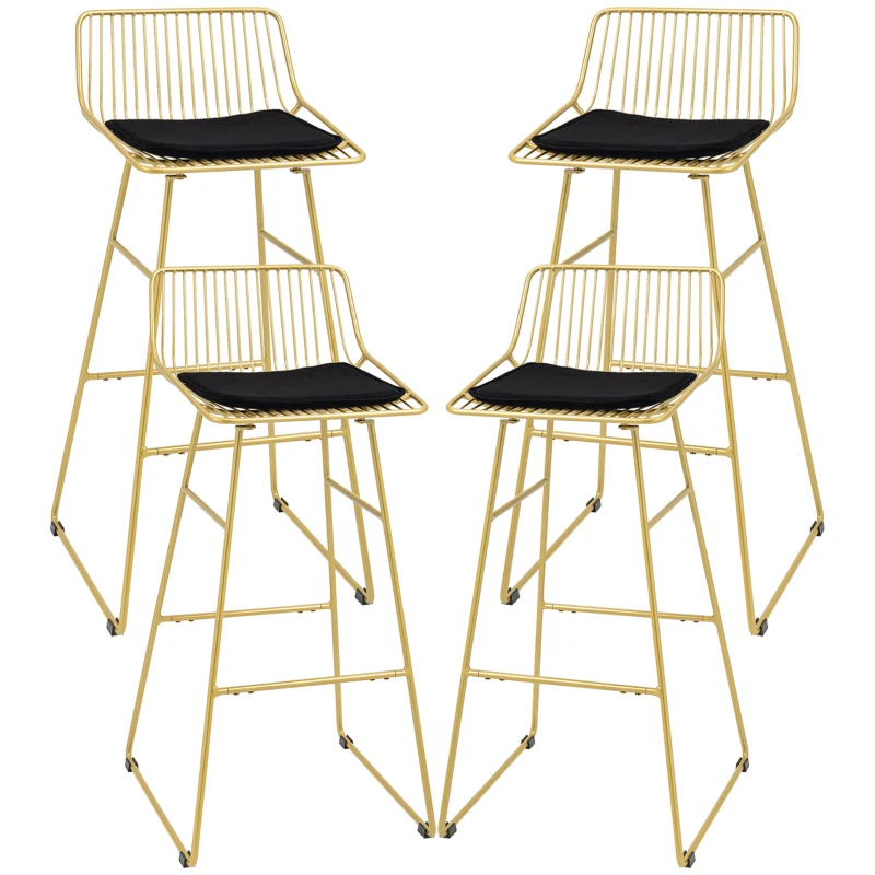 HOMCOM Lot de 4 chaises de bar design acier filaire doré avec coussin noir repose-pieds convient pour tables de 104-109 cm