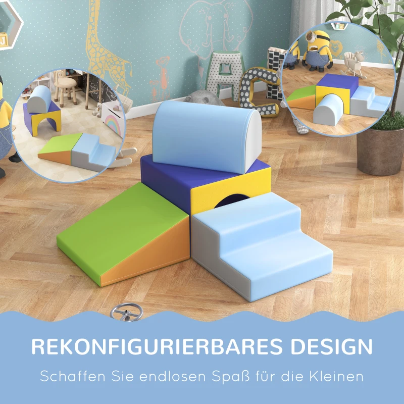 HOMCOM 4-delige Set Zachte Bouwblokken voor Klimmen en Glijden, Kunstlederen Bekleding, voor Kinderen van 1-3 Jaar, Multicolor