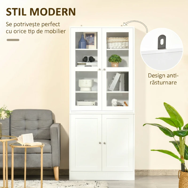 HOMCOM Mobilier de Bibliotecă cu 2 Dulapuri, Rafturi Regulabile și Uși din Sticlă, 76x40x178.5 cm, Alb