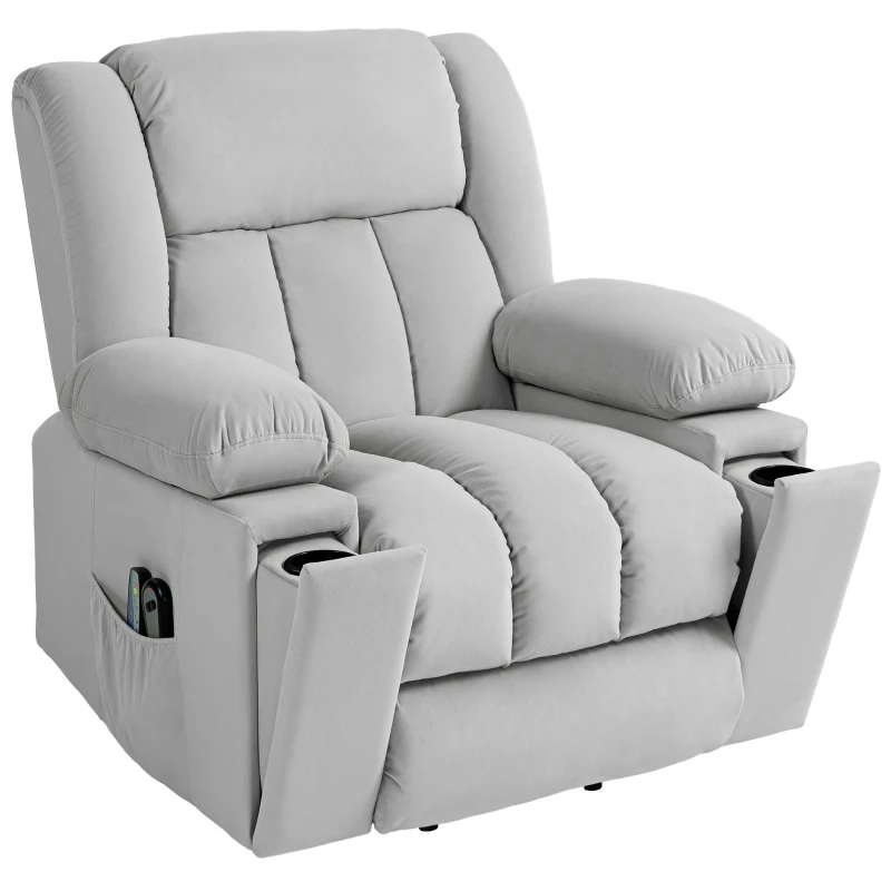 HOMCOM Elektrische TV Fauteuil met Opsta-hulp Relaxfauteuil met Lig-, Warmte- en Massagefunctie Massagesessel met Afstandsbediening Bekerhouder Zijvak USB Pocketvering Fluweel Lichtgrijs(m-10)
