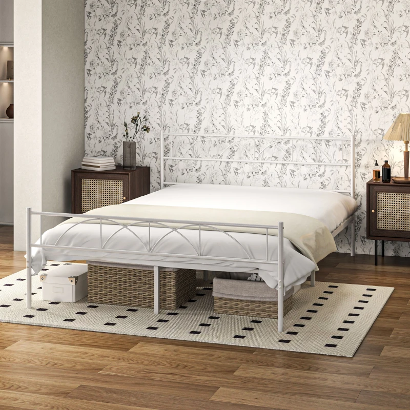 HOMCOM Cama Doble 135x190 cm Estructura Metálica con Cabecero Somier Altura 28 cm Espacio de Almacenamiento Carga 330 kg Blanco