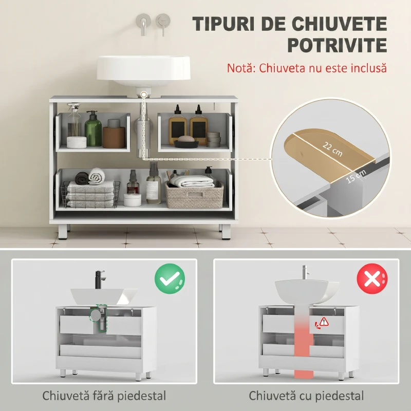 HOMCOM Dulap Modern pentru Baie sub Chiuvetă cu 2 Sertare și Separatoare pentru Chiuvetă Fără Picior, 80x30x60 cm, Alb