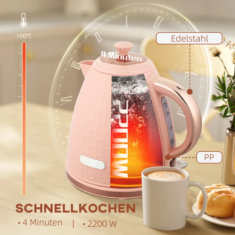 HOMCOM Wasserkocher, 2200W, Sichtfenster, Filter, Schnellkocher, Hellrosa
