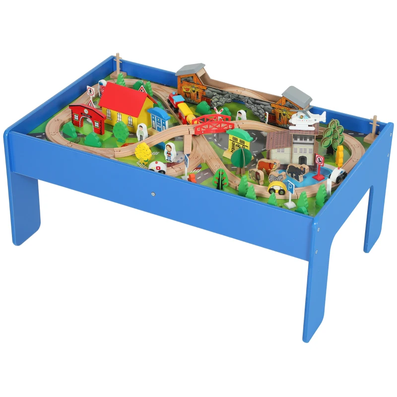 AIYAPLAY Spieltisch, 108-teiliges Eisenbahn-Set aus Holz, mit abnehmbarer Tischplatte, Eisenbahntisch, 98x60,5x40 cm, Blau