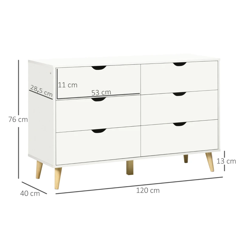 HOMCOM Commode 6 tiroirs meuble de rangement 5 pieds biseautés en bois  120 x 40 x 76 cm blanc