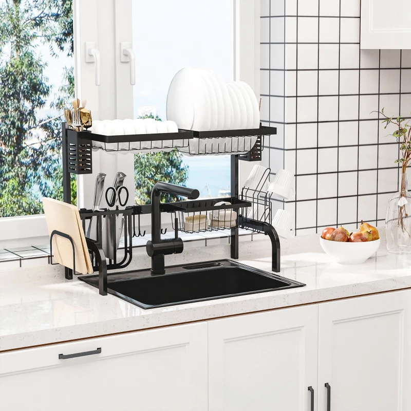 HOMCOM Égouttoir à vaisselle au-dessus de l'évier, séchoir à vaisselle 2 niveaux, modulables en acier 81,5 x 31,5 x 53,5cm noir