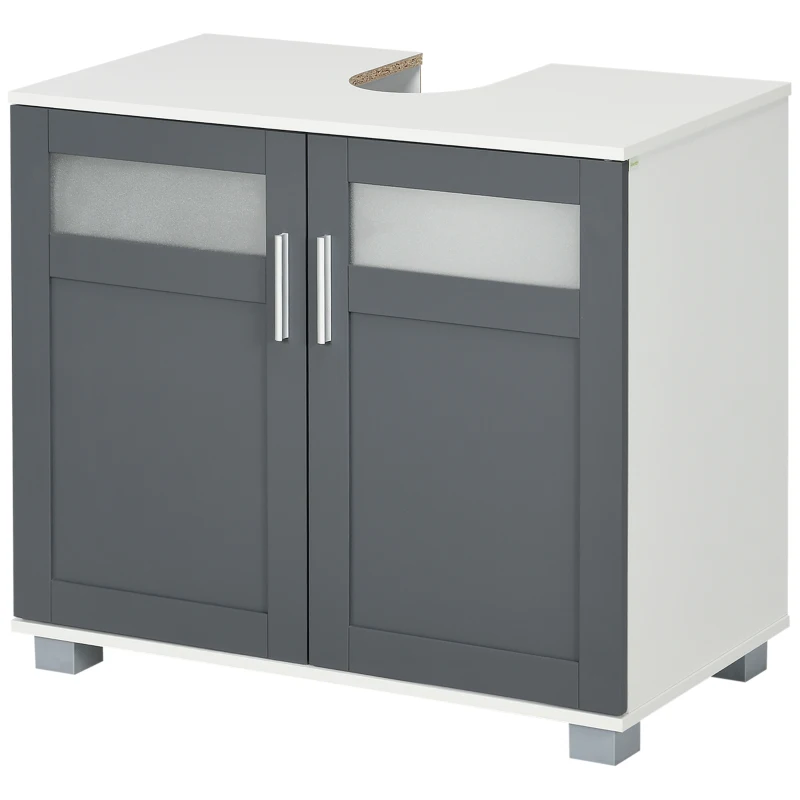 kleankin Mueble para Debajo del Lavabo Armario de Baño Bajo Lavabo con 2 Puertas de Vidrio Templado 69x35x59 cm Blanco y Gris