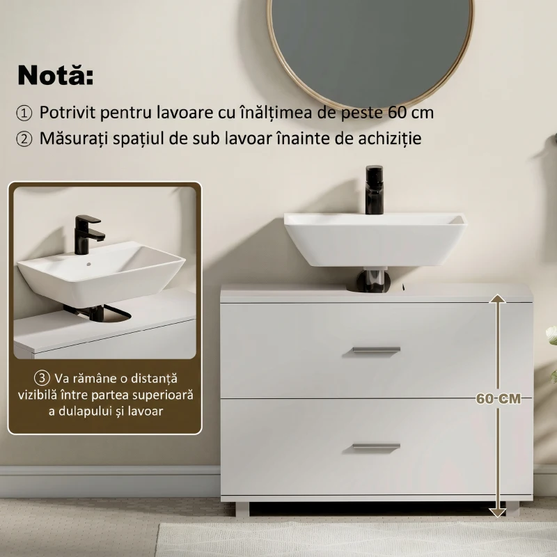 HOMCOM Dulap Modern pentru Baie sub Chiuvetă cu 2 Sertare și Separatoare pentru Chiuvetă Fără Picior, 80x30x60 cm, Alb