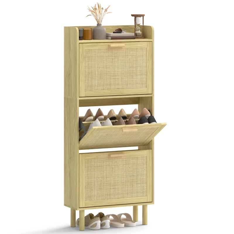HOMCOM Meuble à chaussures 18 paires, armoire à chaussures étroite avec 3 tiroirs rabattables, étagères réglables, chêne