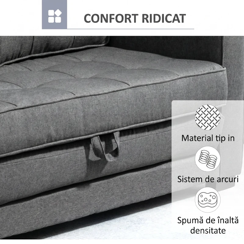 HOMCOM Canapea Extensibilă din Material Textil 2 Locuri cu Tapițerie și Arcuri, 151x75x85 cm, Gri