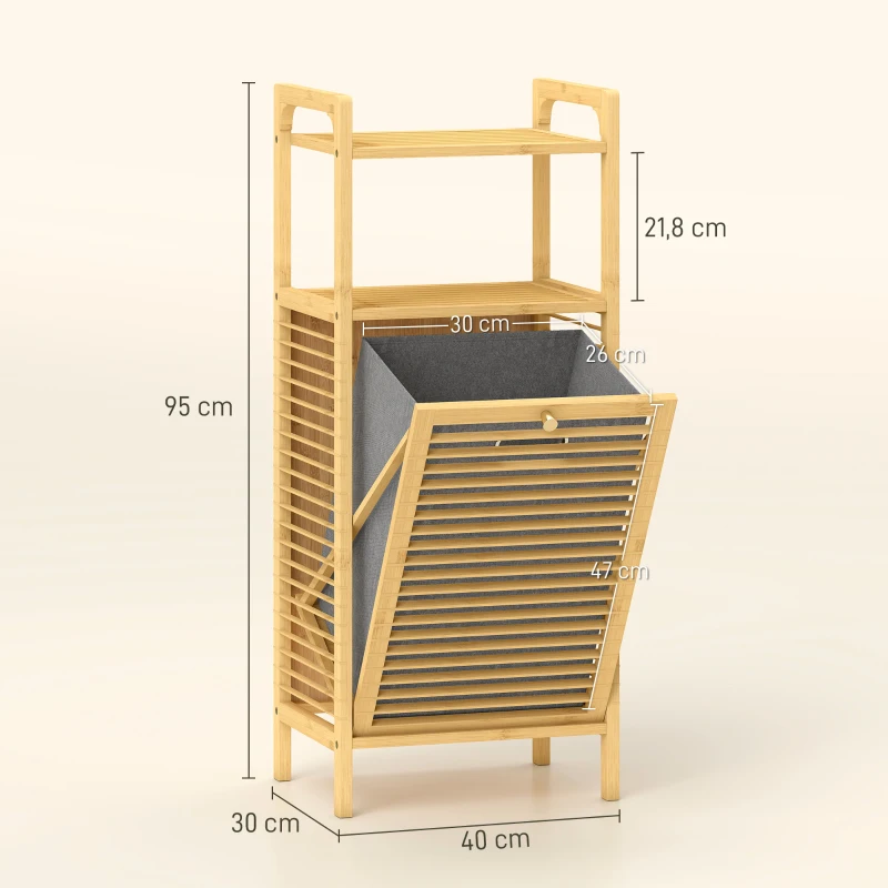 HOMCOM Armário para Roupa de Bambu Móvel Auxiliar para Casa de Banho 40x30x95 cm com 2 Prateleiras Abertas Cesto Amovível Madeira