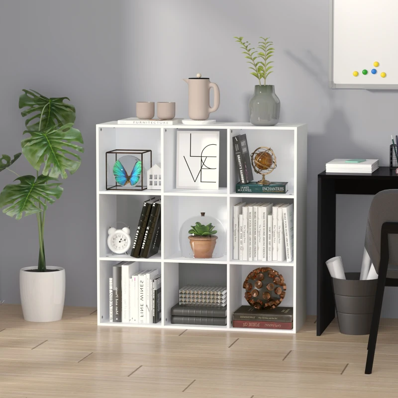 HOMCOM 3-tier 9 Cubes Storage Unit Particle Board Cupboard Bookcase Organiser Home Office Shelves, White