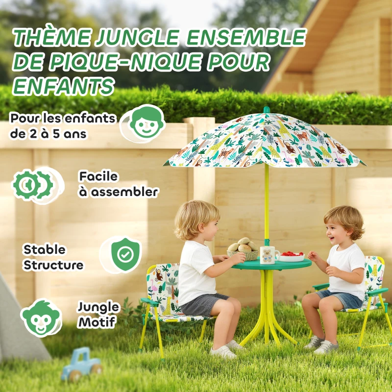 AIYAPLAY Ensemble Salon de Jardin Extérieur Enfant avec 2 Chaises Pliantes et Parasol, Thème Jungle, pour Jardin, Terrasse, Vert