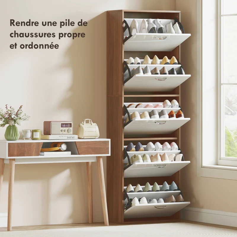 HOMCOM Armoire à Chaussures Meuble à Chaussures 5 Portes abattantes Bicolore Blanc Marron foncé Imitation Bois(m-4)