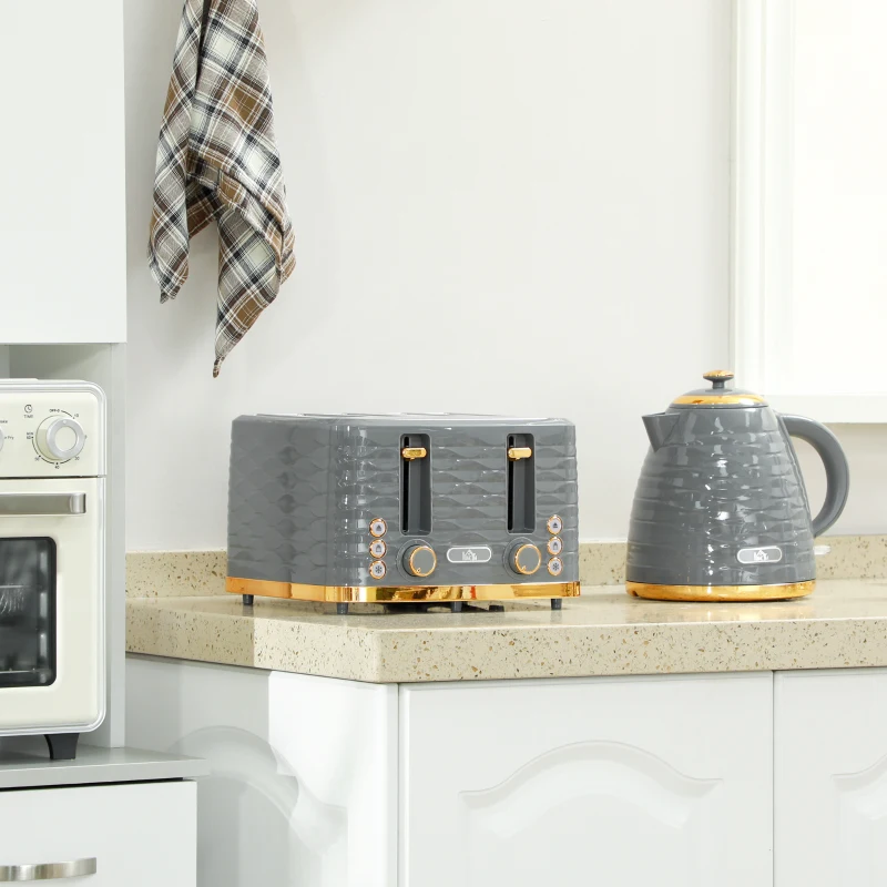 HOMCOM 2-in-1 Toaster und Wasserkocher Set, 7 Bräunungsstufen, Auftau- und Aufwärmfunktion, Grau