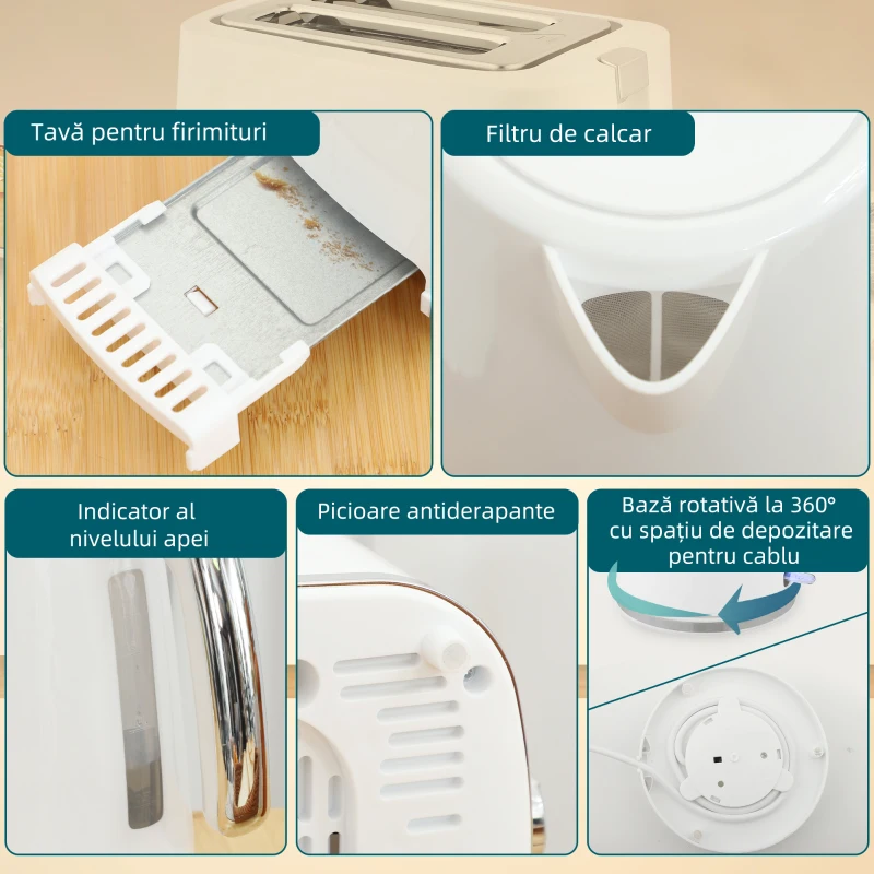 HOMCOM Set Fierbător Electric de 1.7L 2200W cu Termostat și Prăjitor de Pâine Dublu cu 7 Niveluri de Rumeneală, Alb