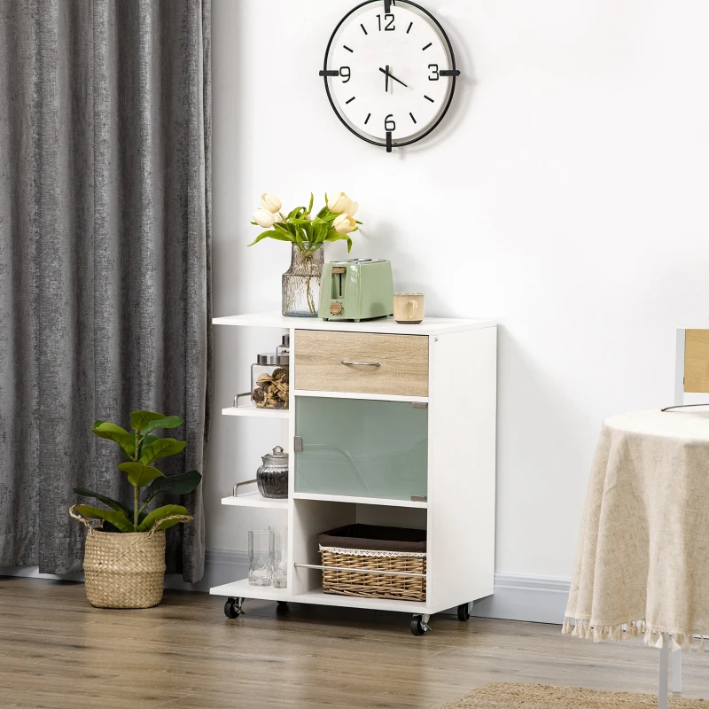 HOMCOM Carrito de Cocina Verdulero con 1 Cajón Puerta de Vidrio y Estantes Carro Auxiliar con Ruedas 65x39x80 cm Natural