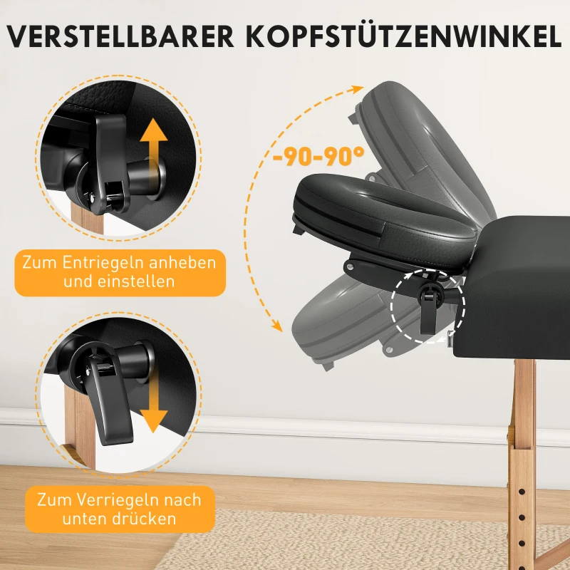 HOMCOM In hoogte verstelbare massagetafel met houten frame, inklapbaar massagebed, schuimvulling, zwart