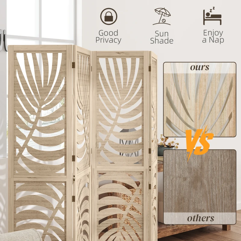HOMCOM 4 Panel Privacy Screens, Detachable Folding Room Divider with Palm Leaf Design for Home Office, Natural Wood Finish