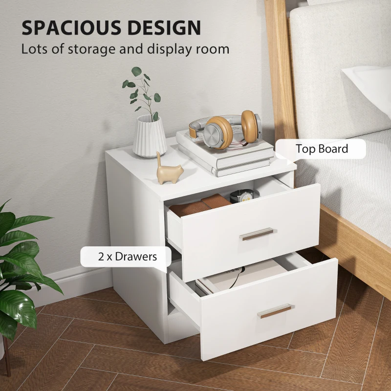 HOMCOM Set of 2 Modern Nightstands, Bedside Tables with 2 Storage Drawers, Accent End Table for Bedroom and Living Room, White