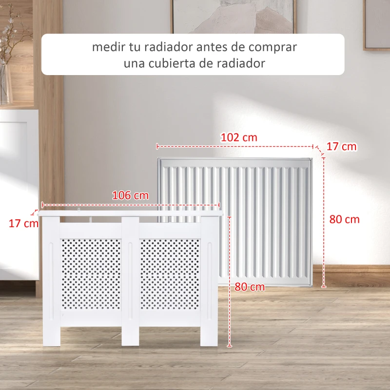 HOMCOM Cubre Radiadores, 111.5x19x82 cm, Cubierta para Radiador Moderna de MDF, con Estante Superior y Listones, para Salón, Dormitorio, Pasillo, Blanco