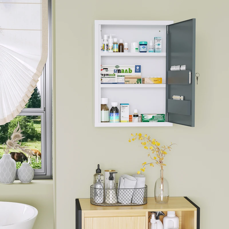 kleankin Armadietto Medicinali con 3 Ripiani e Blocco con Chiavi in Acciaio, 40x15x53.5cm, Bianco e Grigio