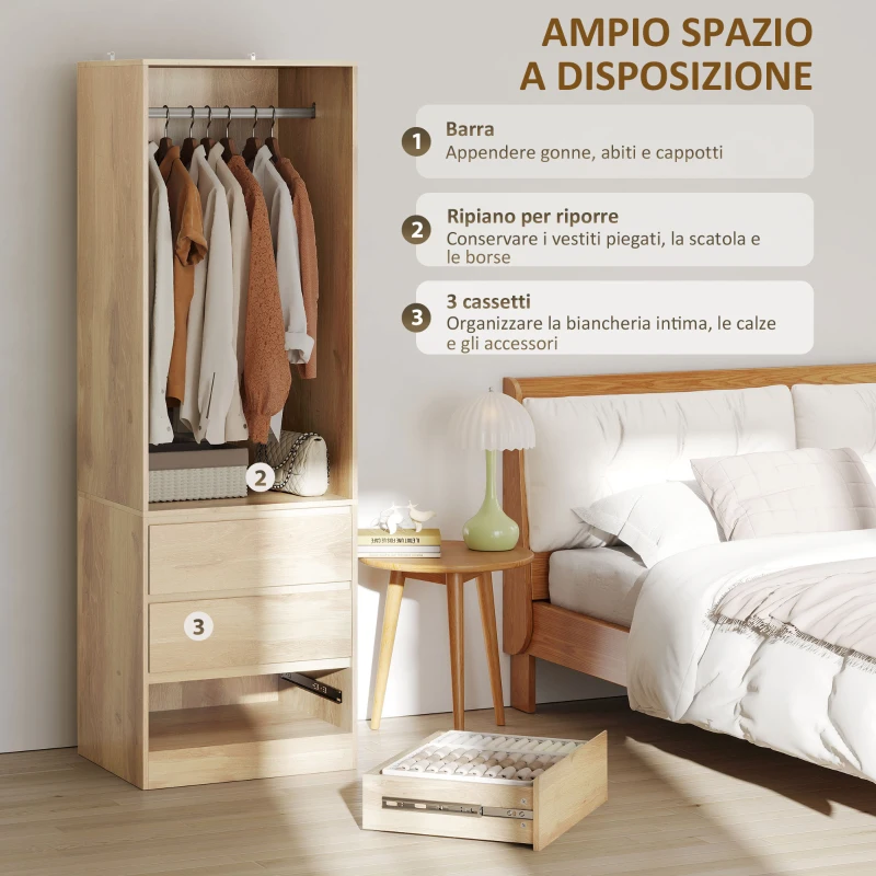 HOMCOM Armadio Guardaroba con Asta Appendiabiti, Ripiano Aperto e 3 Cassetti, in Legno, 60x48.5x185 cm, color Teak