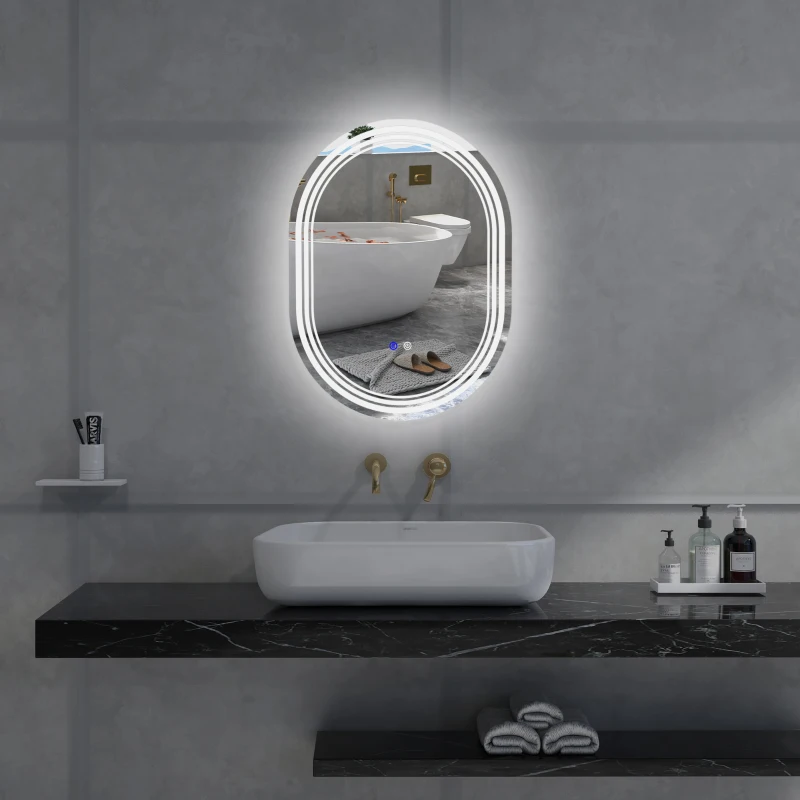 kleankin Miroir de salle de bain ovale lumineux LED 3 couleurs luminosité réglable interrupteur tactile, anti-buée, 70 x 50 cm