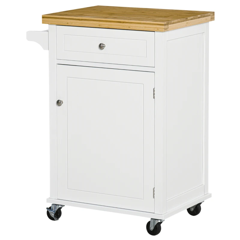 HOMCOM Kitchen Storage Trolley on Wheels with Bamboo Worktop, Rolling Kitchen Island Cart with Drawer and Towel Rack for Dining Room, White