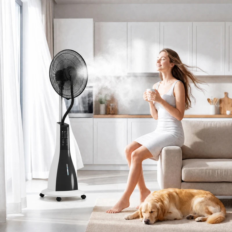 HOMCOM Pedestal Fan with Water Mist Spray, Spray Misting Fan with 75° Oscillation, Remote Control, Tilt Head, 3 Speeds, 3 Modes, 3 Mist, 3L Water Tank, Wheels, for Home, 125 cm