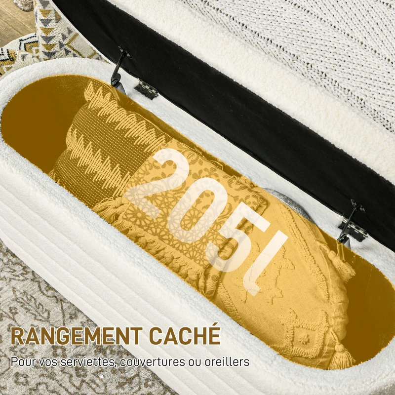HOMCOM Banc de bout de lit banquette coffre de rangement 2 en 1 rembourré en polaire cadre en bois, banc de rangement crème