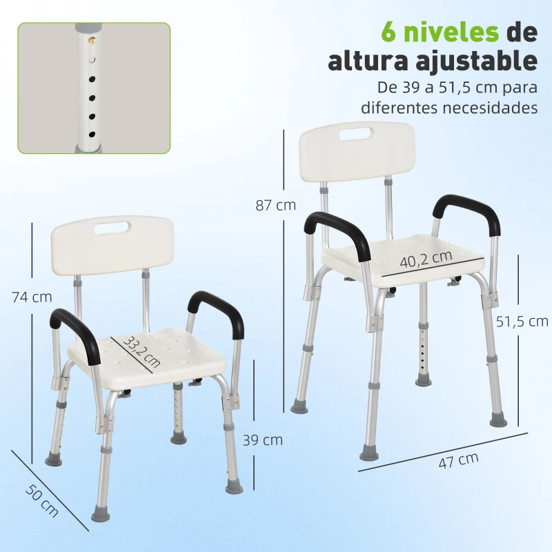 HOMCOM Silla de Ducha para Personas Mayores con Respaldo Altura Regulable Antideslizante y Apoyabrazos Carga 136 kg