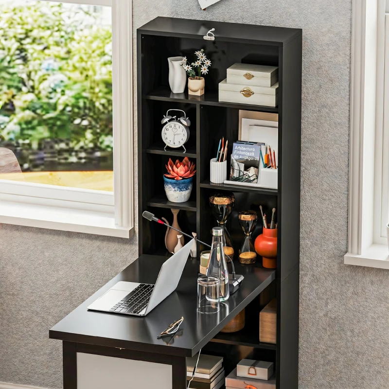 HOMCOM Birou Modern Pliabil cu Bibliotecă și Tablă, din Lemn și Metal, 98x51x153 cm, Negru