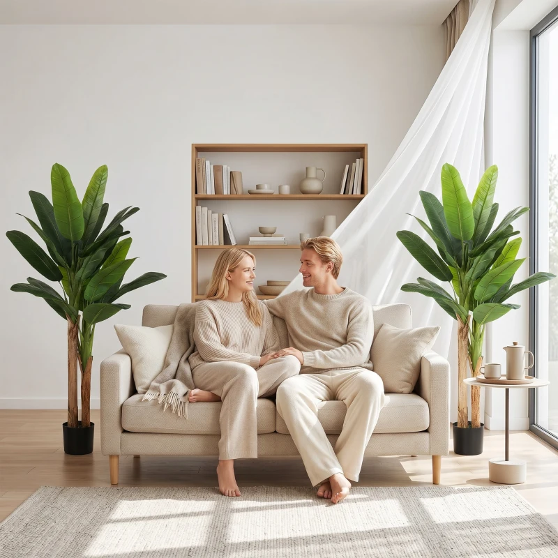 HOMCOM Lot de 2 plantes artificielles intérieurs 150 cm bananiers en pot décoration pour maison, bureau, salon, chambre