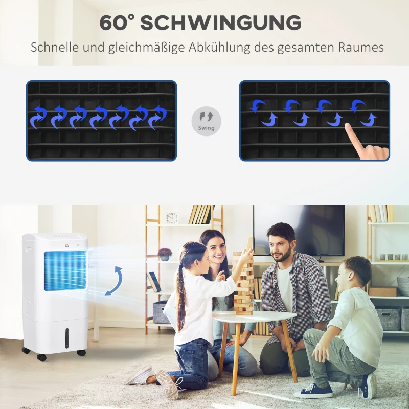 HOMCOM Mobiele Luchtkoeler/Airconditioner met 3 Modi, 7,5-uurs Timer, Verrijdbaar, Kunststof, Wit